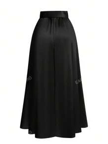 Women's Waist Cinching Skirt,Ladies Elegant Belted,Plicated Long Regular Fit High Waist Black Plain Women Skirts,Spring/Fall,Casual Daily Wear
