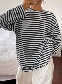 DAZY Damen Einfarbiges Rundhals Loose Langarm T-Shirt, Herbstkleidung - Schwarz und Weiss - Übersicht 7