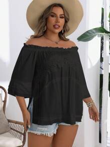 SHEIN VCAY Plus Size Women Off Shoulder Simple Solid Color Casual Blouse - Black - View 5
