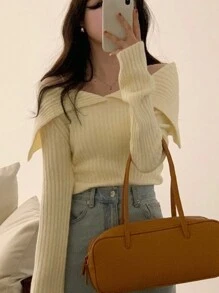 DAZY Women Off Shoulder Solid Minimalist Casual Sweater Off Shoulder Sweater,Fall Women Clothes Cute Tops - Yellow - View 4