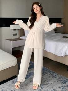 DAZY Women's Solid Color Simple Lace Patchwork Pleated Collar Sleepwear Set