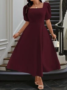 Celure Vestido casual de manga corta con cuello cuadrado liso para mujer de tallas grandes, conjunto de mujer color borgoña