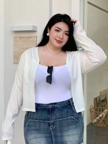 Dazy Plus Plus Size Short Fitted V-Neck Long Sleeve Cardigan Top, White, Spring/Summer, Back To School Clothes,Fall Women Clothes - White - View 1