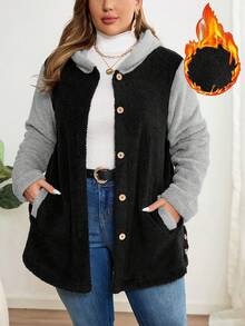 EMERY ROSE 加大码彩色块纽扣前口袋蓬松连帽羊毛绒毛夹克，适合秋冬季 - 彩色 - 查看 4