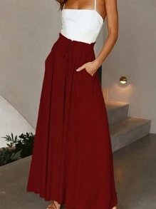 Calvaya 女士纯色纸袋腰口袋优雅阔腿裤新年衣服 - 紅色 - 查看 4