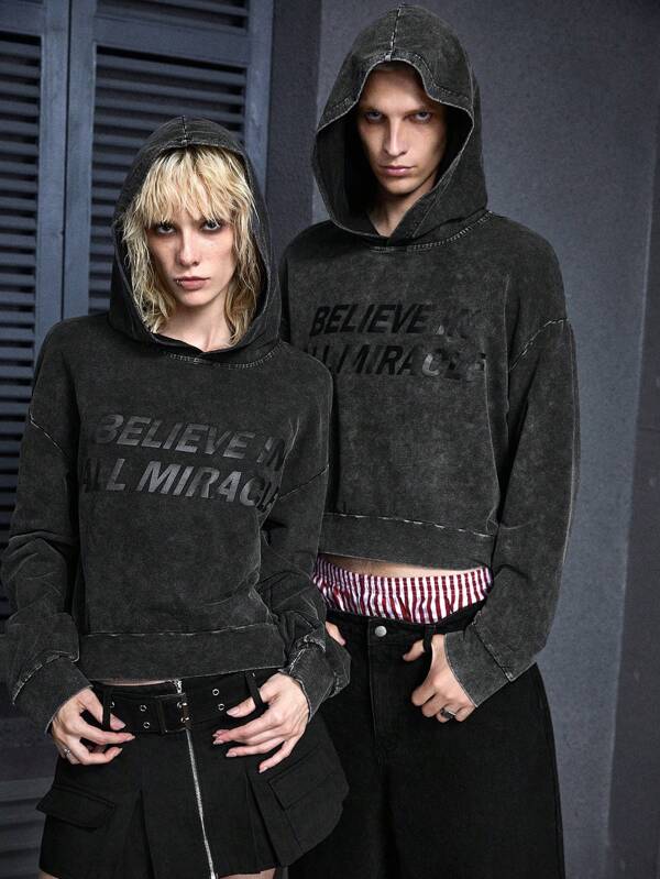 Manfinity VCAY Men's Unisex Y2K Wasteland Style Dune Style Doomsday Style Washed Letter Print Knitted Loose Young Casual Street Style Long-Sleeved Hoodie Pullover Sweater Suitable For Spring And Autumn, For Fall Winter