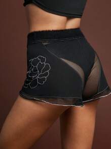 SHEINNeu 女士性感黑色蓬松腰带网眼撞色刺绣沙滩短裤 - 黑色 - 查看 1