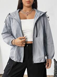 Flirla 大码连帽抽绳拉链休闲轻便夹克，简约时尚 - 灰色 - 查看 5