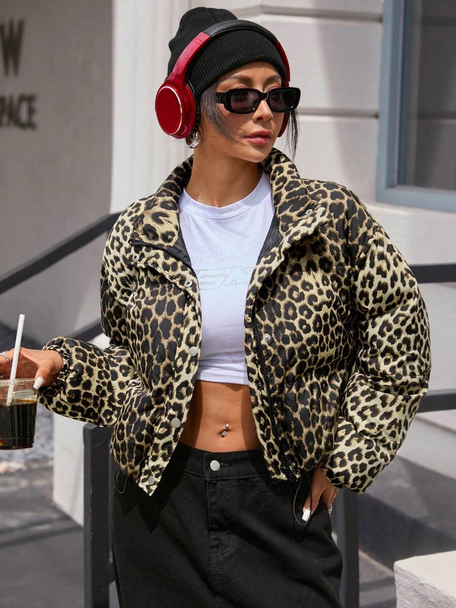 SHEIN EZwear 豹纹短款长袖夹棉大衣 - 咖啡棕 - 查看 1