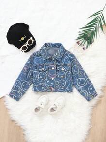 Young Girl Casual Cute Face Pattern Button Front Flat Pockets Denim Jacket - Light Wash - View 1