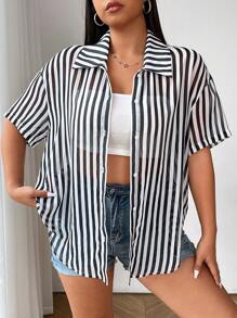 SHEIN EZwear Plus Size Women's Summer Black And White Striped Drop Shoulder Casual Blouse