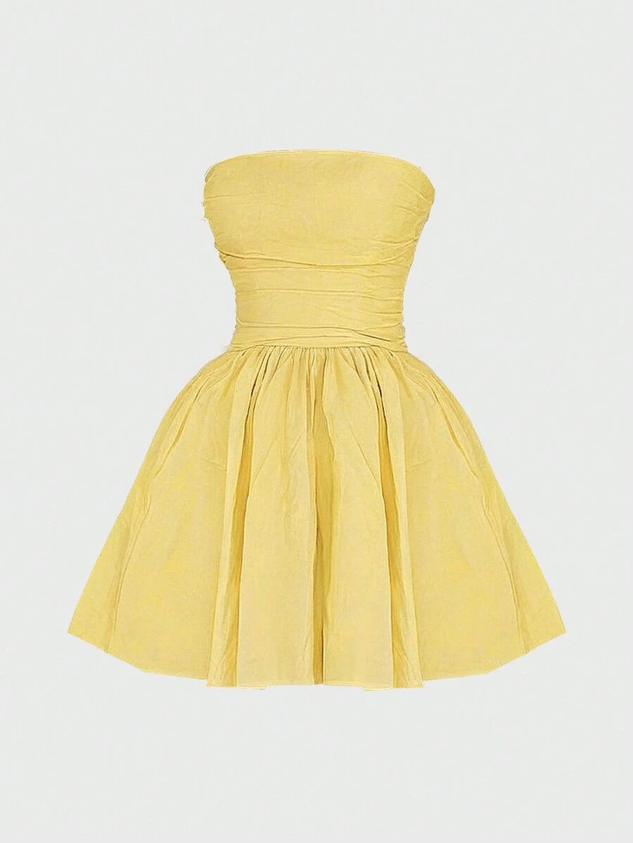 Sweetra 无肩带迷你褶皱派对礼服 Y2K 服装节日派对生日礼服 - 黃色 - 查看 1