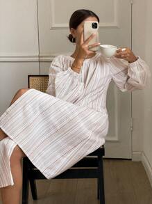 DAZY Textured Striped Fabric Open Cardigan House Dress Pajama - Pink - View 5