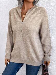 Áo len dài tay trơn dáng rộng, khóa kéo phía trước, kiểu dáng đơn giản, thích hợp mặc mùa đông hoặc thu. - Cà phê nâu - Xem 7