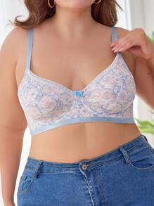 SHEIN Plus Size Women's Embroidery Decor Bra & Wireless Bra Set, Lingerie - Baby Blue - View 1