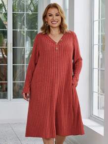 EMERY ROSE Plus Size Solid Color Ribbed Knit Casual Dress Spring & Fall - Red - View 5