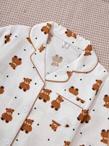 2 件套少女校园风格熊印花睡衣套装，长袖上衣和长裤，家居服 - 白色 - 查看 5