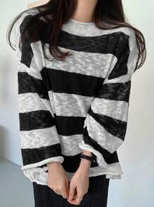 DAZY Women's Loose Fit Black And White Striped Sweater Fall - Black and White - View 6