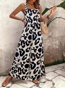 SHEIN LUNE Bộ áo liền quần không tay họa tiết da báo dành cho nữ, trang phục thường ngày - Nhiều màu - Xem 3