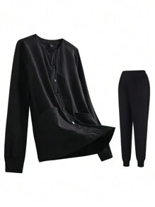 TaskEZ Conjunto de uniforme con frente abotonado, camisa de manga larga con bolsillos y pantalones