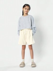 SUMWON Athleisure Essential Drop Shoulder Weekend Loungewear Gym Sport Athletic School Fall Winter Youth Casual Workout Pullover Raw Edge Crop Sweatshirt