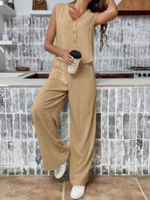 SHEIN Frenchy 2pcs Women's Solid Color Simple Daily Sleeveless Top And Pants Set