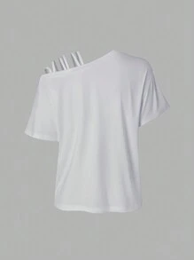 SHEIN LUNE 酒杯和标语印花不对称肩部 T 恤我的医生说我需要戴眼镜 - 白色 - 查看 2