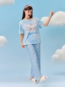 HELLO KITTY AND FRIENDS | SHEIN 女士卡通肉桂卷字母印花短袖 T 恤和长裤可爱舒适睡衣套装 - 藍色 - 查看 3