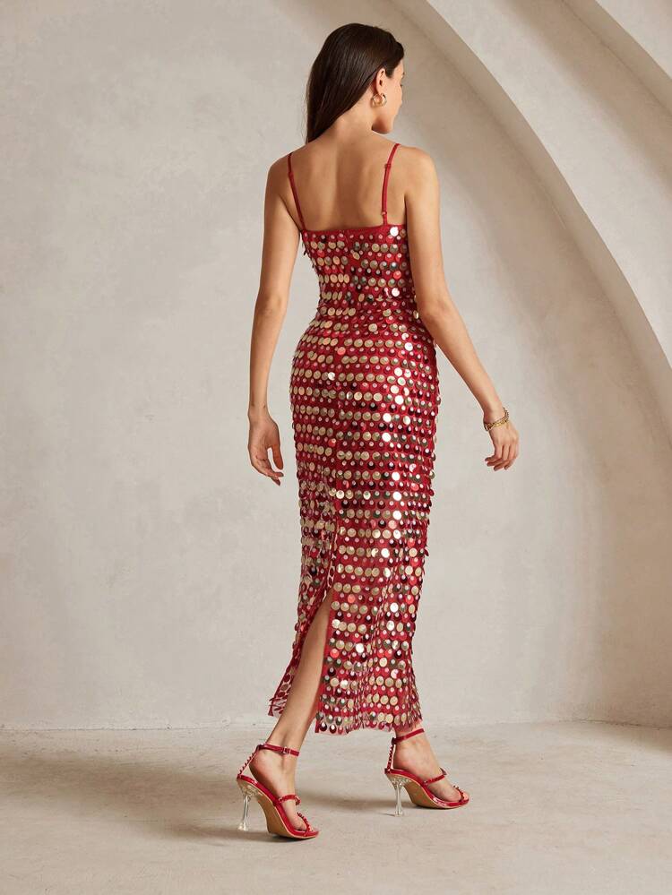 1pc Beaded Long Bodycon Dress With Side Slit, Red For New Year Clothes Maxi Women Outfit