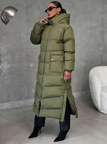 EURMUSE Finger Cut Detailed Cuff, Hooded, Patch Pocket Keeping Warm Puffer Jacket - Khaki - View 5