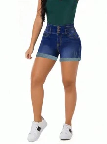 Women's Stretchy Single-Breasted Button Pockets Denim Shorts - Rửa tối - Xem 4