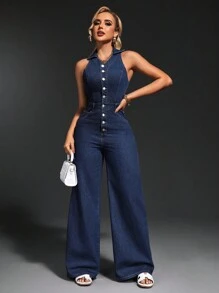 SHEIN SXY Mono de mezclilla de mujer sin mangas y de unicolor, de estilo sencillo