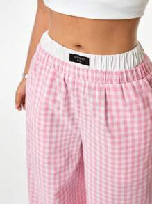SHEIN EZwear Women's Back To School Street Style Cool Casual Women Spliced Waist Blue Plaid Weaved  Long Pants - Pink - View 4