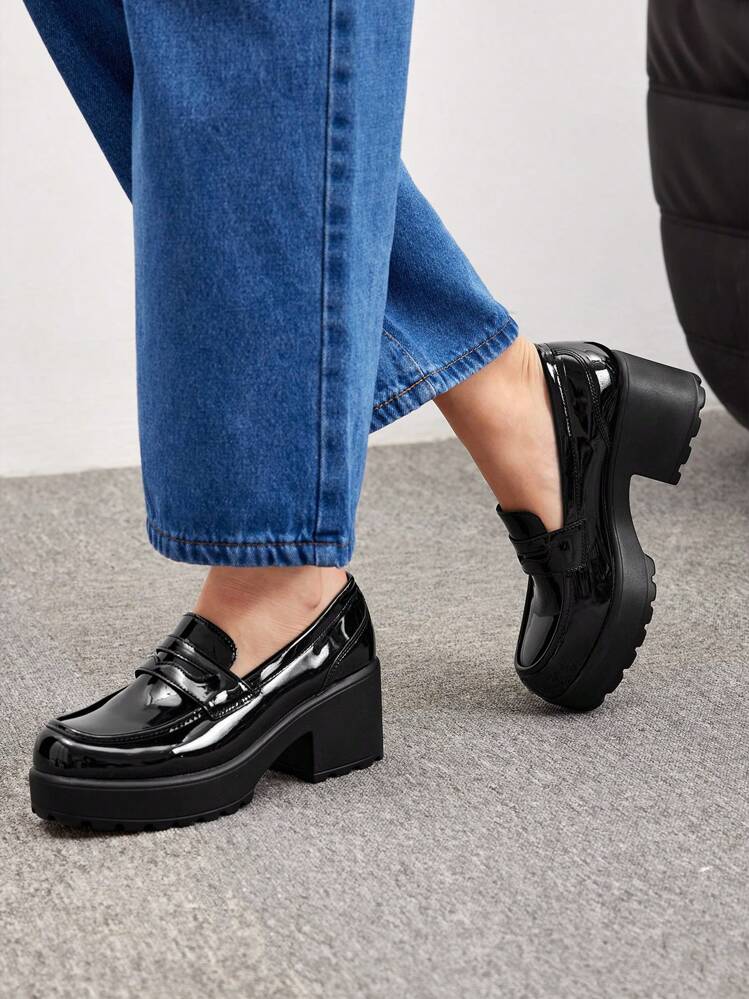 CUCCOO BIZCHIC Stitch Detail Platform Loafer Shoes For Summer Vacation Shoes Summer Back To School Shoes College Student Shoes Elegant Basics Business Casual Business Chic Sorceress Spring Shoes Spring Break Easter For Christmas Spring Shoes - Black - View 7