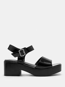 CUCCOO BIZCHIC Women's Fashion Black Square Toe Rhinestone Buckle Casual Sandals Christmas