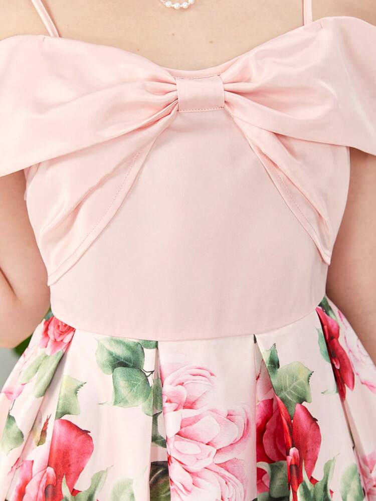 Teen Girl Contrast Floral Print Elegant Party Cold Shoulder Dress