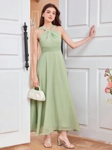 SHEIN Teen Girl Ethereal & Twist Neck Plain Chiffon Dress - Green - View 4