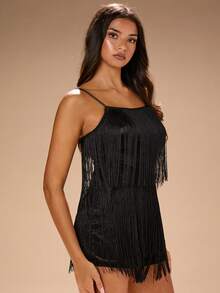 Glamine Mono elegante con tirantes de espagueti, flecos y color solido, para fiestas, festivales, Halloween, citas, baile de graduación, despedida de soltera, fiesta negra - Negro - Ver 5