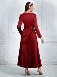 Modelyn 女士纯色拼布 V 领长袖褶皱长袍连衣裙长款晚礼服 - 紅色 - 查看 3