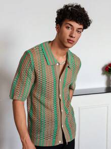 Manfinity Hypemode Hypemode de Manfinity Conjunto informal de playa para hombres, top de punto casual con estampado de una sola fila de botones, ideal para vacaciones, verano