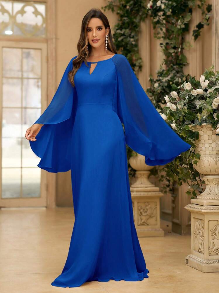shein dresses bridesmaid Belle Women's Elegant Royal Blue Chiffon Bridesmaids Dress,Spring Modest V-Neck Hollow Front Flared Long Sleeve Formal Party Wedding Dress Hell Bunny Blue Vanity u of m dress Style:EE01489BK