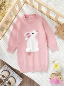 1 件装幼儿女童针织连衣裙，兔子嵌花设计，长袖保暖时尚休闲中长款毛衣裙 - 粉色 - 查看 1