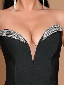 Modphy 黑色性感露肩奢华钻石装饰超长绷带连衣裙，优雅适合节日派对、婚礼、生日、晚礼服婚礼宾客礼服舞会礼服 - 黑色 - 查看 8