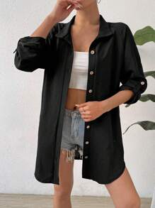SHEIN Unity 女士時尚純色中袖鈕扣襯衫
