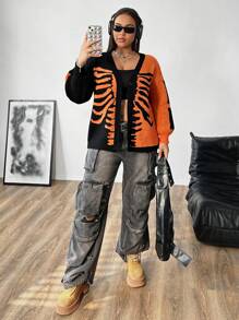 Flirla 大码女式休闲落肩长袖万圣节派对骷髅印花开衫，秋冬款