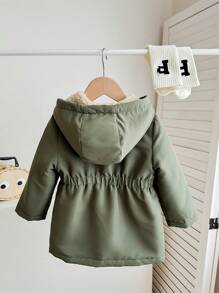 SHEIN 男女通用婴儿保暖内衬连帽实用夹克，带口袋，休闲长外套，适合日常穿着 - 軍綠色 - 查看 2