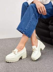 CUCCOO BIZCHIC Women Metal Decor Platform Shoes, Preppy Beige Platform Loafers For Outdoor Vacation Shoes Summer Elegant Basics Business Casual Business Chic Spring Shoes Spring Break Easter