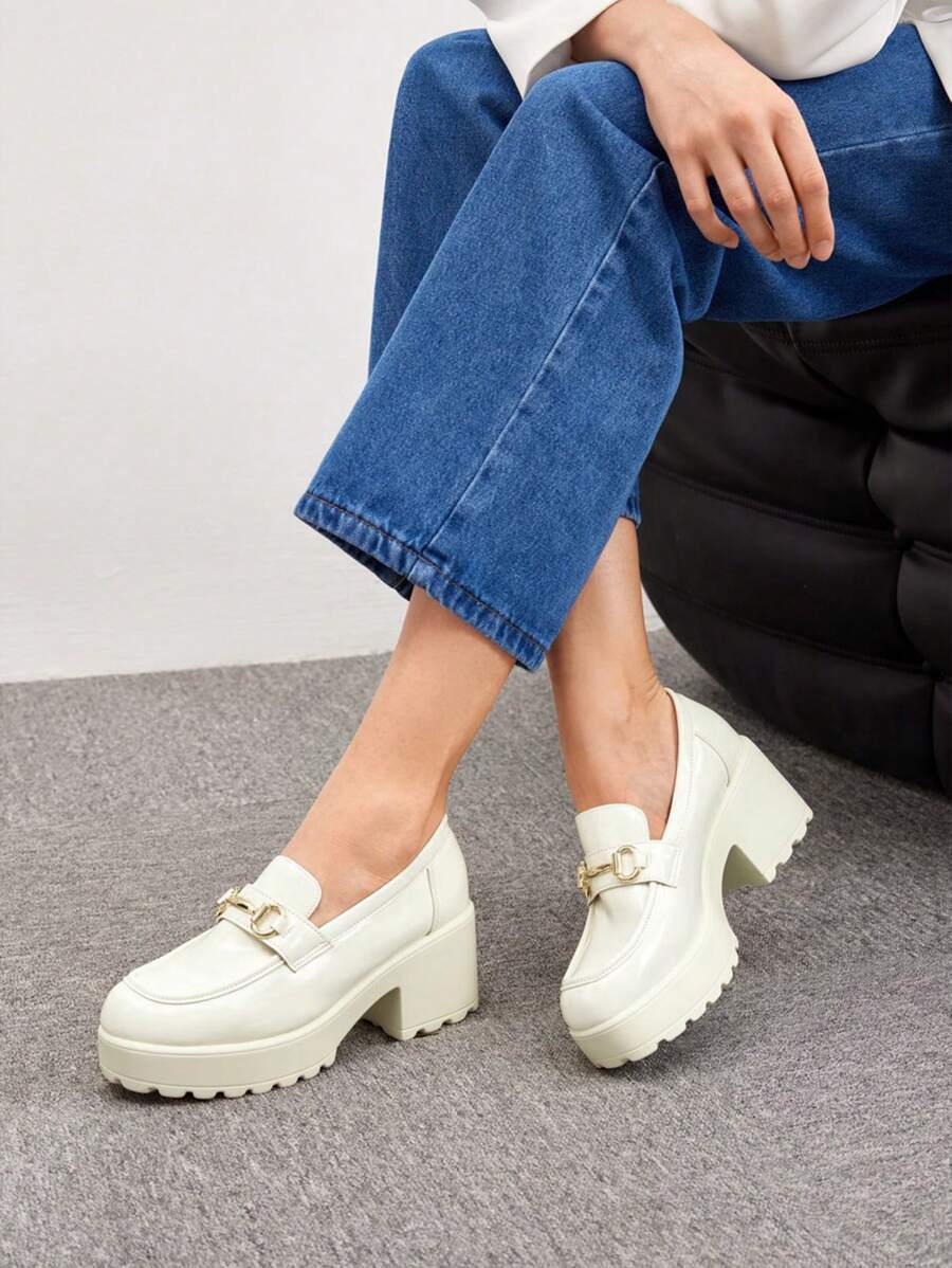 CUCCOO BIZCHIC Women Metal Decor Platform Shoes, Preppy Beige Platform Loafers For Outdoor Vacation Shoes Summer Elegant Basics Business Casual Business Chic Spring Shoes Spring Break Easter