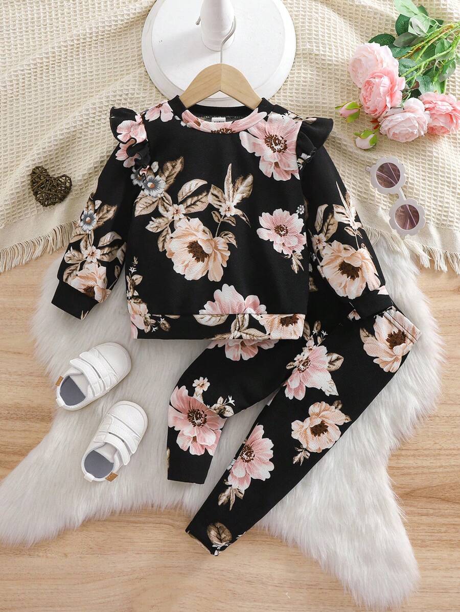 SHEIN Baby Girl's Floral Print Ruffled Long Sleeve Sweatshirt And Elastic Waist Pants Set, Autumn/Winter