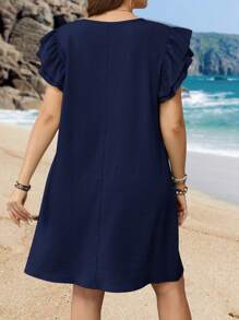 EMERY ROSE Plus Size Solid Color Round Neck Short Sleeve Dress, Summer - Navy Blue - View 2